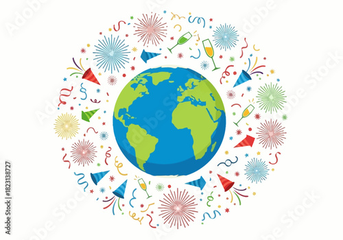 Global New Year celebration concept with planet Earth surrounded by festive fireworks, confetti, and party poppers in a circular design