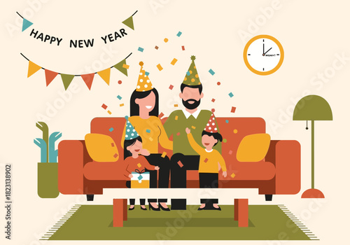 Joyful family welcoming the New Year with a festive celebration at home, sharing moments of happiness and togetherness amidst colorful confetti