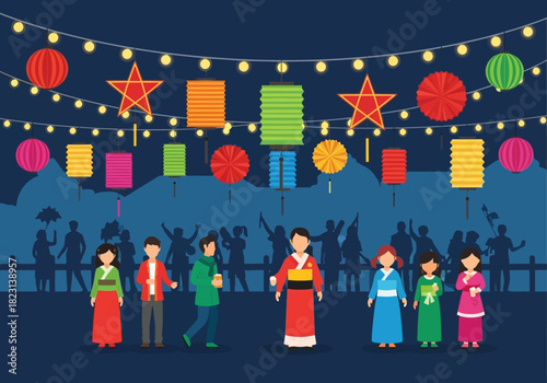 Vector illustration of a vibrant Asian lantern festival with people in traditional clothing celebrating under a starry night sky