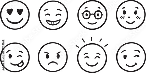 Doodle positive emoji set. Hand drawn sketch vector illustration black and white