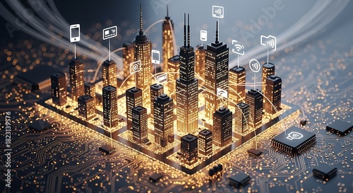 Futuristic Smart City with Digital Icons and Glowing Buildings.