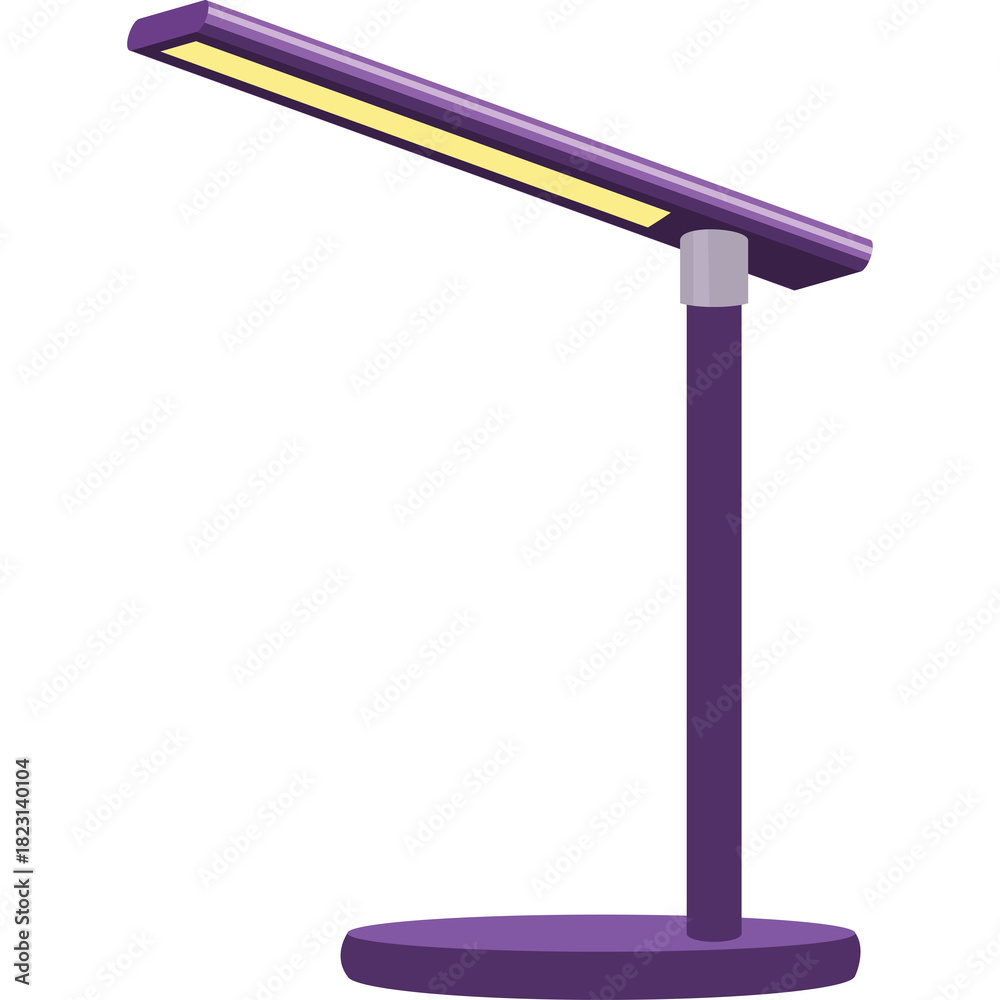 Obraz premium Modern purple desk lamp with adjustable neck emitting a warm yellow light and a round base on a transparent background, ideal for study or office