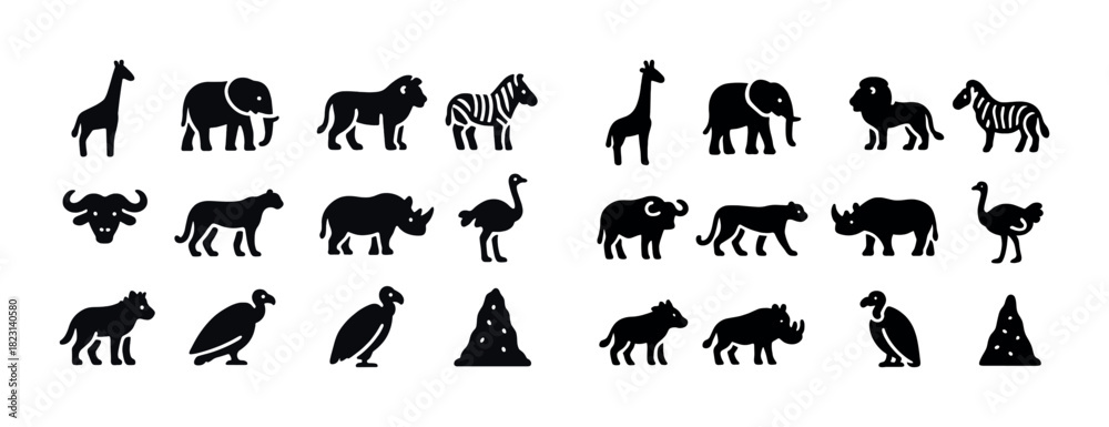 Obraz premium Silhouettes of african animals: giraffe, elephant, zebra, lion, rhino, and more