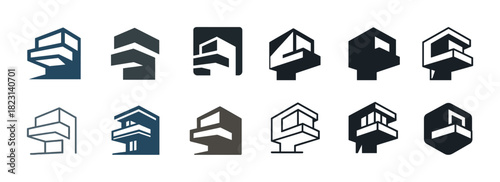 Collection of modern architectural icons featuring stylized buildings and minimalist designs