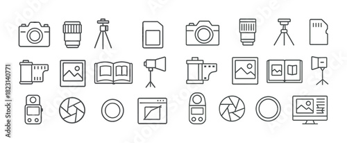 Photography equipment icons: camera, lens, tripod, memory card, film