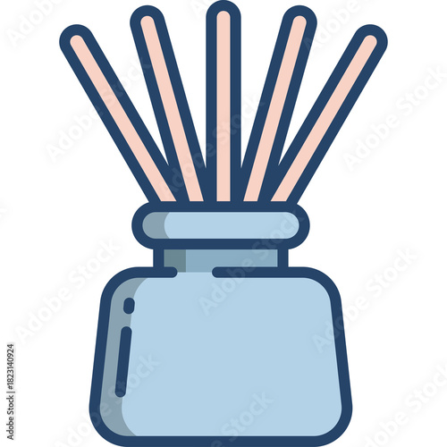 Light blue ceramic diffuser with pastel pink reeds for aromatherapy and home fragrance on a white background in a clean illustration style