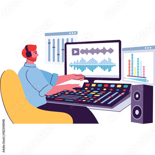 Man Wearing Headphones Works At Sound Mixing Console With Computer Monitors Displaying Audio Visualizations And Charts And Speakers In Studio Setting Transparent Background