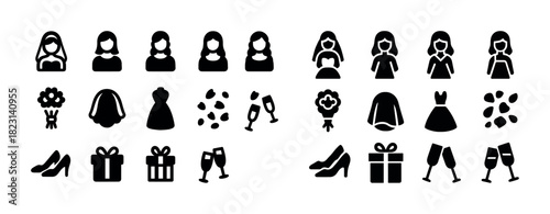 Wedding icons: bride, attire, flowers, gifts, and celebration elements