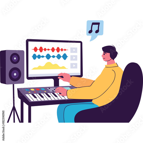 Man Sitting at Desk Working on Music Production Software Showing Waveforms and Audio Visualizer on Computer Screen with Keyboard and Speaker