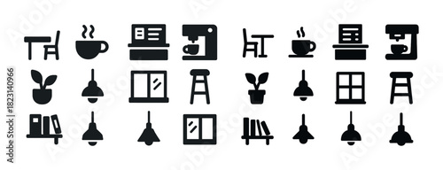 Set of coffee shop and home icon elements with furniture and appliances