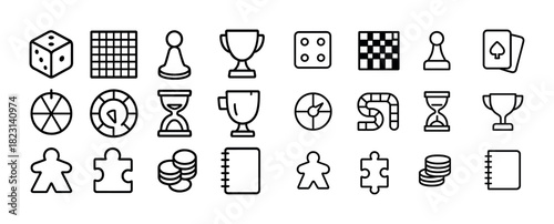 Board game icons set: dice, chess, puzzle, hourglass, trophy, cards, tokens