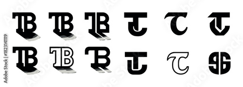 Bold black and white alphabet design featuring variations of letter b and t