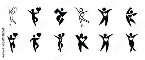 Set of heart dance figures embracing love and joy in stylized black silhouettes