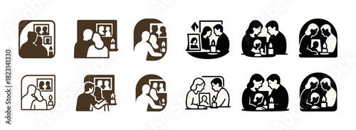 Silhouette family mourning ritual with memorial portraits and candlelight