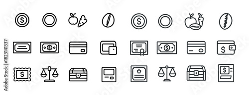 Finance and food line icons set featuring money, cards, certificates, and scales