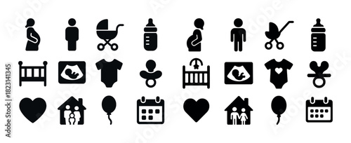 Baby icons set: pregnancy, parenthood, and childcare symbols