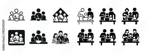 Simplified icons of families cooking together at a table