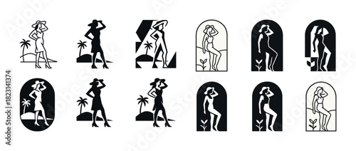 Female silhouettes in hats: tropical beach scenes and archways