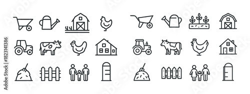 Farm icons collection: tractor, barn, cow, chicken, tools, and crops