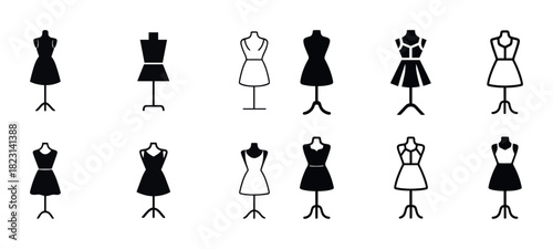 Set of black and white dress mannequin icons for fashion design