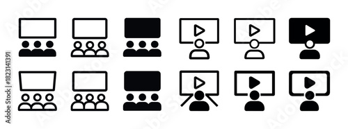Video conference icons set: screens, play buttons, and group symbols