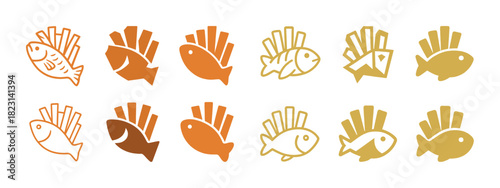 Set of fish and fries icons in varied colors