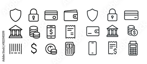 Finance icons set: wallet, currency, banking, payment, security