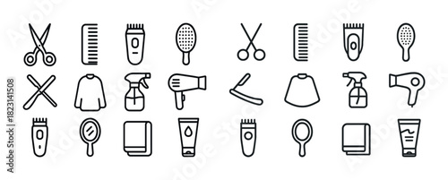 Hair salon tools icons set: scissors, comb, clipper, mirror, hairdryer