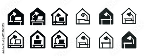 Home office icon set: desk and lamp variations in house silhouette