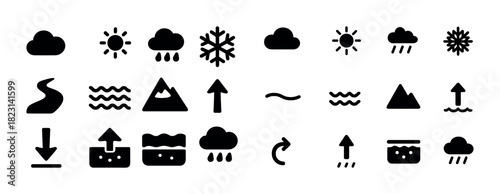 Weather and nature icons set featuring clouds, sun, rain, snow, mountains, and arrows