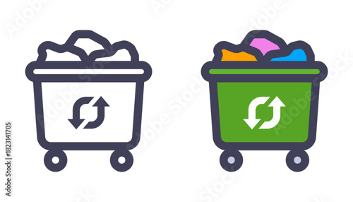 Green trash and waste bin icon. Flat illustration.