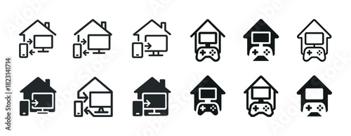 Home technology icons: devices, gaming controllers, screens in black and white variations