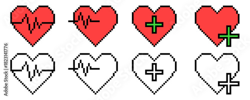 Set Pixel Health with Heart Shape Icon Vector Ideal for gaming interfaces, fitness apps, and digital health graphics in a retro 8-bit style. Symbolizes life, vitality, and energy status.