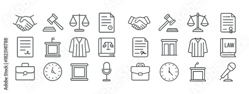 Legal icons set: justice, scales, documents, microphone