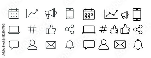 Minimalist icon set: calendar graph speaker phone laptop hashtag like share person email bell