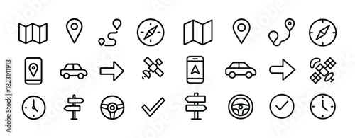 Navigation icons set: compass, map, gps, car, clock, direction signs