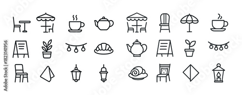 Minimalist cafe icon set: chairs, teapots, plants, and lanterns in line art style