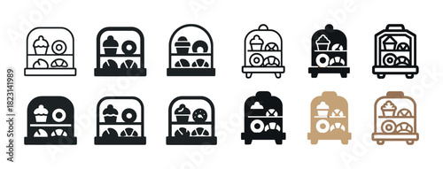 Vector icons of pastry displays: cupcakes, donuts, croissants - set of bakery shelf illustrations