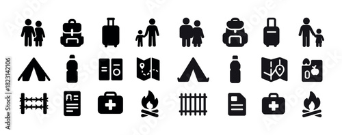 Camping and travel icons set: family, luggage, tent, map, fire, first aid