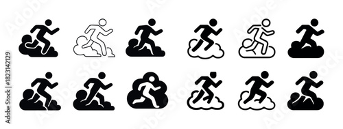 Set of running icons: silhouettes and outlined cloud designs in black and white