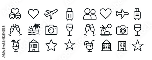 Travel and leisure icons including heart, plane, camera, wine glass, beach, hotel, stars