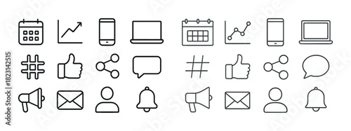 Set of 24 minimalist line icons: calendar, graph, laptop, social, communication