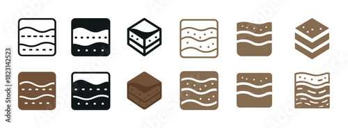 Collection of layered chocolate design icons in various styles and colors