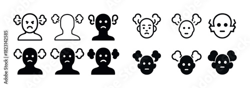 Set of emoji faces with steam: anger and sadness expressions in outlined and filled styles