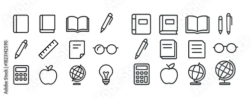 Black and white school icons set: books, pencils, calculator, globe, apple