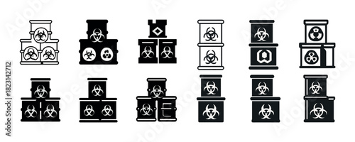 Collection of biohazard waste containers with various symbols