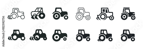 Set of tractor icons in various styles for agriculture and farming