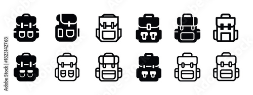 Set of diverse backpack icons in monochrome style