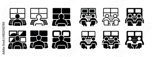 Icon set of people at control panels and workstations