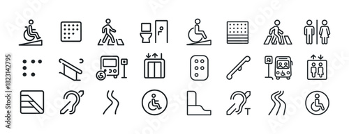 Accessibility symbols collection featuring wheelchair, elevator, and restroom icons